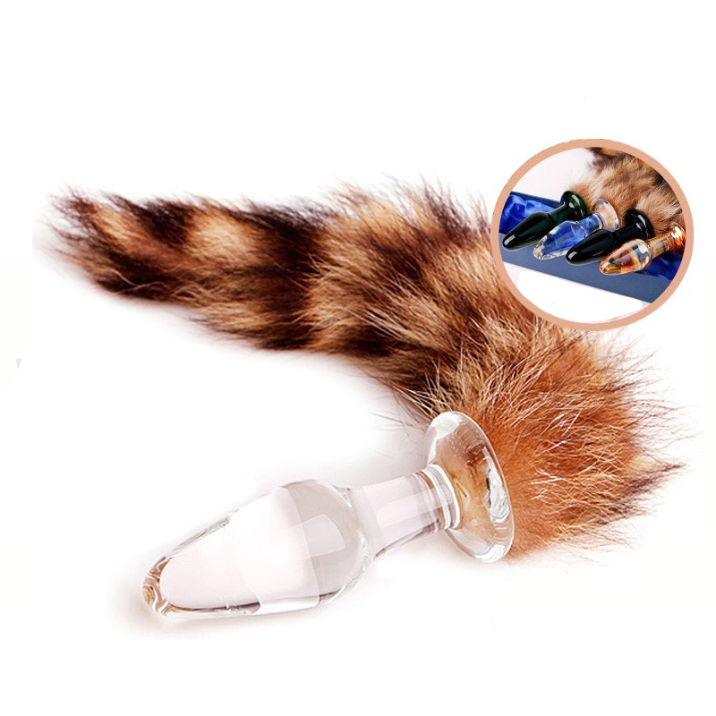 Анальная стеклянная пробка с хвостиком,прозрачная, GT-04-S 